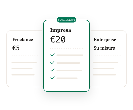 Tre piani: Freelance a 5€, Impresa a 20€ (consigliato) ed Enterprise su misura