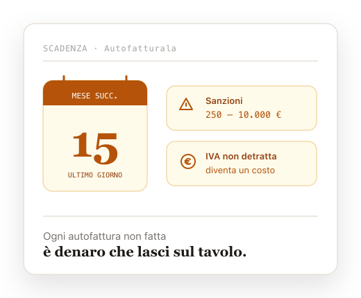 Scadenza del 15 del mese successivo, con i rischi: sanzioni da 250 a 10.000 € e IVA non detratta